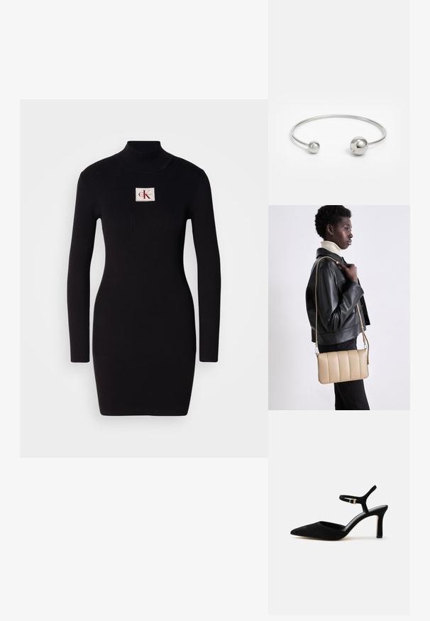 Robe noire à manches longues côtelées avec un col montant et un patch logo rectangulaire de Calvin Klein sur le devant. Design simple et près du corps.; Chaussure à talon haut en daim noir avec bout pointu et fine bride chevillère avec une petite boucle dorée.; Sac en cuir beige en bandoulière avec un design matelassé, de forme rectangulaire, avec une fine sangle et des détails en métal argenté, porté par une personne en veste noire.; Bracelet jonc en métal argenté avec deux accents sphériques à chaque extrémité, surface lisse, design ouvert et forme épurée et minimaliste.