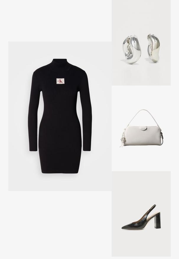 Schwarzes, geripptes Langarmkleid mit hohem Kragen und rechteckigem Calvin Klein-Logo-Patch auf der Vorderseite. Einfaches, figurbetontes Design.; Schwarzer Leder-Slingback-Schuh mit spitzer Kappe, hohem Blockabsatz und beigegefüttertem Innenraum vor hellem, einfarbigem Hintergrund.; Weiße rechteckige Calvin Klein Handtasche mit einem einzelnen Henkel, minimalistischem Design und dekorativen Quasten mit geometrischem Metallanhänger an der Seite.; Silberne skulpturale Ohrringe mit glatten, geschwungenen Formen und reflektierenden Oberflächen. Sie verfügen über ein geschlossenes Ringdesign und eine ausgeprägte organische Form.