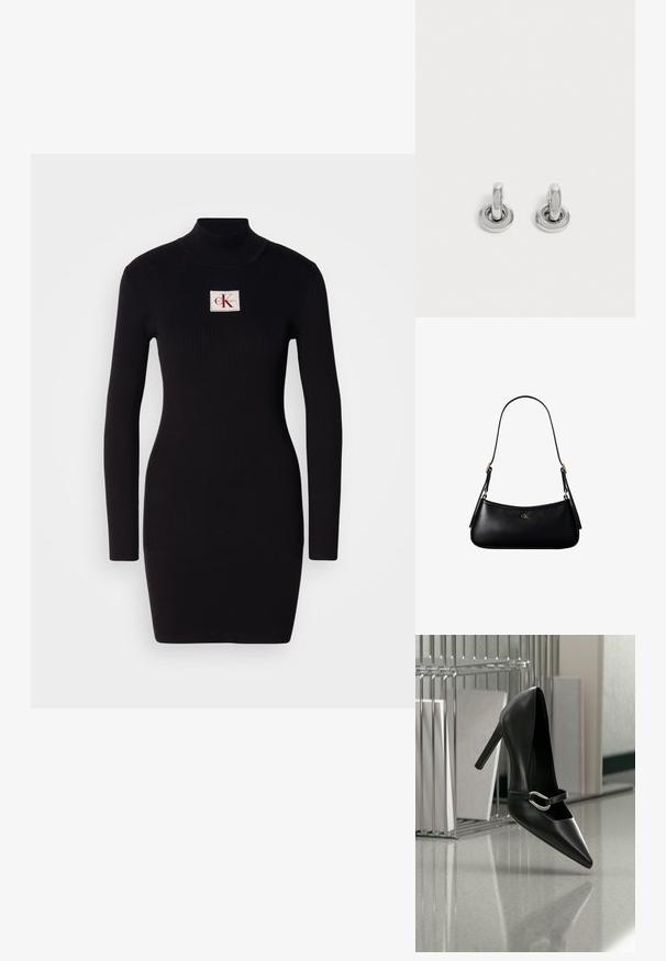Must mustriba pikad varrukad dresses kõrge kraega ja ristküliku kujuga Calvin Kleini logo patchiga esiküljel. Lihtne, keha ligi põrkav disain.; Must terava säärega kõrge kontsaga king hõbedase pandlaga rihmaga, asetatud peegeldavale pinnale metallist failide korraldaja lähedal, kus hoitakse pabereid.; Mustast nahast väike õlakott õhukese rihmaga ja väikese kuldse CK logoga esikülje keskel.; Väike paar sädelevaid hõbedasi rõngaskõrvarõngaid ümmarguse alusega, esitatud lihtsal heledal taustal.