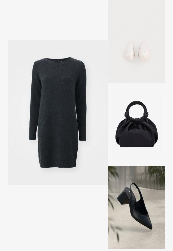 Donkergrijze lange mouwen trui jurk met een ronde hals. Zachte textuur, geribbelde manchetten en zijsplitten voor bewegingsgemak.; Zwarte leren slingback hak met een spitse neus en een blokhak. Glad oppervlak, minimalistisch ontwerp en verstelbare enkelband.; Zwarte zachte stoffen handtas met geplooide bovenkant en ronde gewatteerde handvatten, vastgeknoopt aan elke kant.; Zilveren metalen druppeloorbellen met een gladde, reflecterende oppervlakte en een druppelvorm, voorzien van een naadloos ontwerp en zonder zichtbare versieringen.
