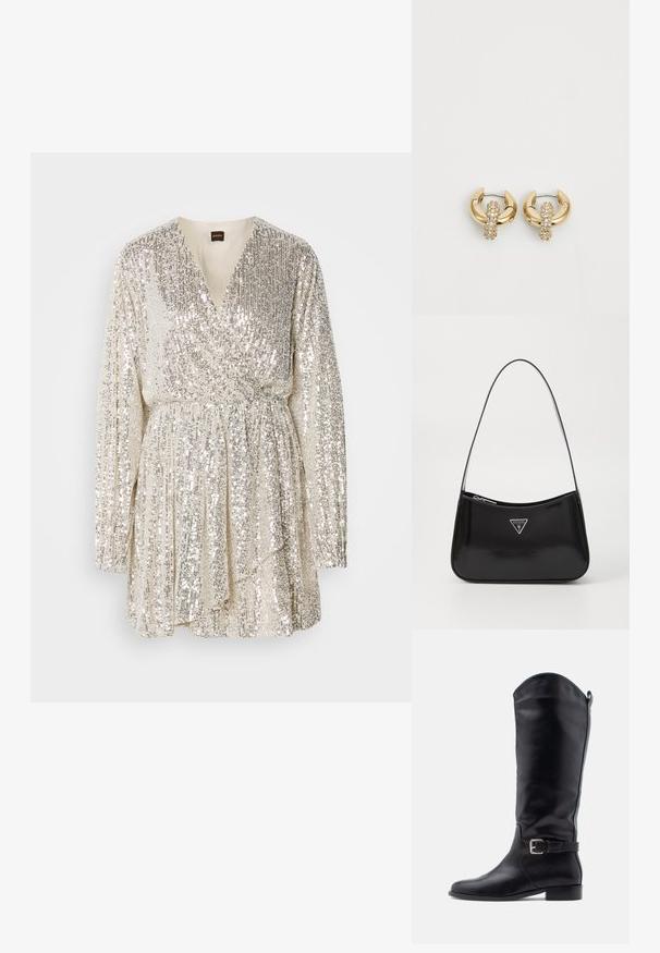Robe mini en sequins argentés avec décolleté en V, manches longues, design drapé et taille froncée, affichant une surface texturée et scintillante.; Botte haute en cuir noir avec talon bas, bout arrondi, bride latérale avec boucle et languette de tirage sur une tige lisse, sur fond blanc.; Sac à épaule en cuir verni noir avec une forme incurvée, présentant un logo triangle en argent et une fermeture éclair. Texture lisse et bandoulière fine.; Boucles d'oreilles en or en forme de créole avec une bande texturée ornée de rhinestones et un design notable en griffes. Finition lisse et surface brillante.