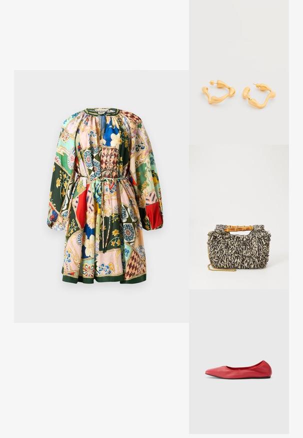 Farverig patchworkkjole med rund halsudskæring, snoreliv, lange ærmer og forskellige blomster- samt geometriske mønstre. Råmaterialet er en blanding af bomuld.; Filippa K REY FLATS - Ballerinasko - bright red; Vævet taske med et struktureret sort og creme mønster, bambushåndtag og en aftagelig guldkæde-strop. Kompakt rektangulær form.; Øreringe i guldfarvet abstrakt skulpturel bøjle med uregelmæssige afrundede former og bagpå lukninger på hvid baggrund.