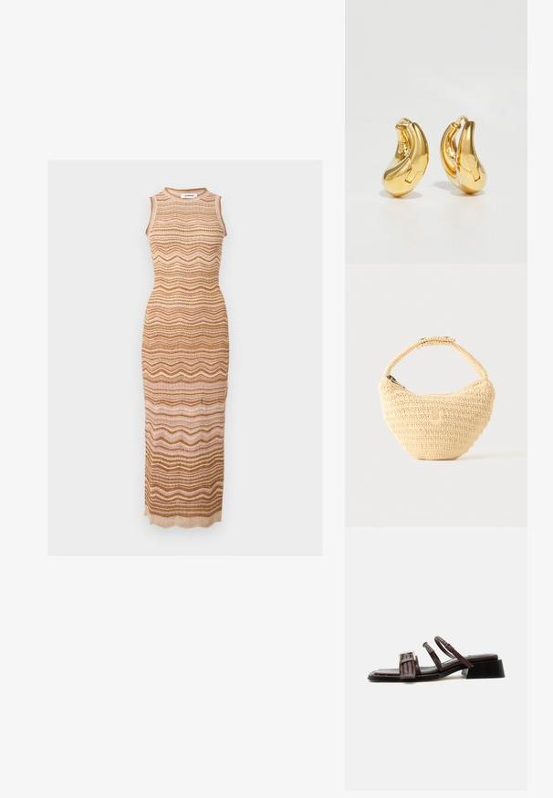 Robe longue en maille sans manches avec des rayures ondulées aux tons terreux beige, marron et rose clair, avec un col rond.; Sandale en cuir marron avec bride avant tissée, deux fines brides de cheville avec boucle, talon bloc bas et bout carré.; Sac à main beige tissé avec corps arrondi, fermeture éclair et une sangle courte et épaisse dans un style crochet simple et texturé.; Boucles d'oreilles en or en forme de d'anneaux lisses et courbés avec une finition polie. Équipées d'un mécanisme de fermeture et de légères indentations pour le détail.