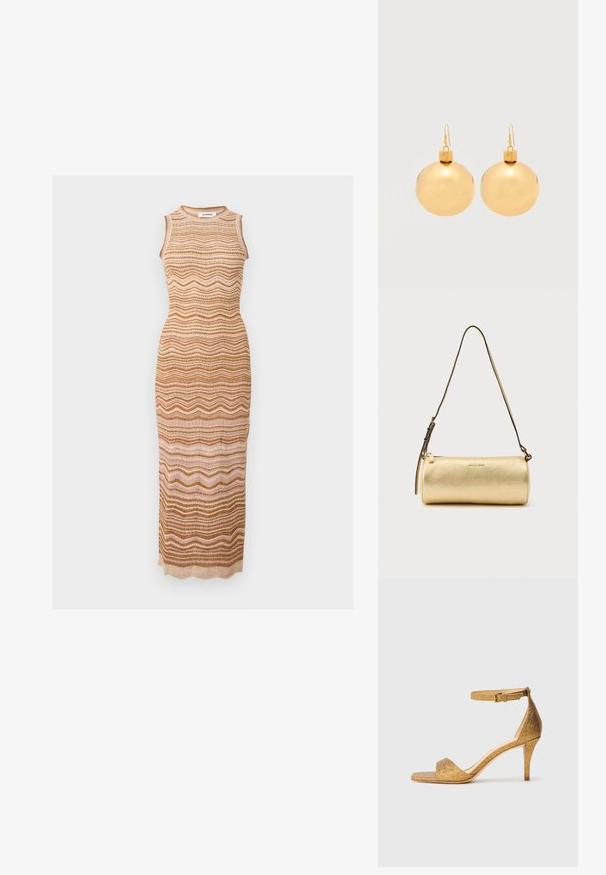 Robe longue en maille sans manches avec des rayures ondulées aux tons terreux beige, marron et rose clair, avec un col rond.; Sandale à talons hauts dorée pailletée avec une sangle à la cheville et une boucle, ouverte à l'avant, et talon aiguille fin sur un fond uni.; Sac d'épaule cylindrique en cuir doré avec bandoulière réglable et fermeture éclair, logo Michael Kors centré sur le devant.; Paire de boucles d'oreilles boule de Noël dorées brillantes avec fermoirs à crochet sur fond blanc uni.