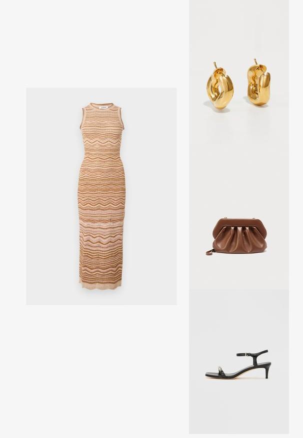 Robe longue en maille sans manches avec des rayures ondulées aux tons terreux beige, marron et rose clair, avec un col rond.; Sandale noire en cuir à talon avec bride à la cheville, bout ouvert, devant carré et accent en métal argenté. Design ajusté avec un profil élégant.; Pochette en cuir marron au design plissé et structure rigide en haut, équipée d'une petite anse pour poignet et de détails de fermoir dorés.; Boucles d'oreilles créoles en or massif avec un design tubulaire légèrement tordu et des fermoirs à tige sur un fond blanc.