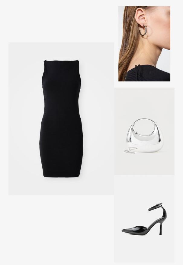 Μαύρο αμάνικο φόρεμα bodycon με στρογγυλή λαιμόκοψη, φτιαγμένο από απαλό ύφασμα, με στενή σιλουέτα και μήκος μέχρι το γόνατο.; Μαύρο παπούτσι με ψηλό τακούνι, μυτερή μύτη από λουστρίνι, με λουράκι στον αστράγαλο και ασημένια αγκράφα, τακούνι στιλέτο, πλευρική όψη σε μονόχρωμο φόντο.; Λαμπερή, ασημί μεταλλική τσάντα χειρός με στρογγυλεμένο σχήμα, οβάλ λαβή κομμένη στο κέντρο και ασημένιο λουρί αλυσίδα σε μονόχρωμο ανοιχτό φόντο.; Ασημένιο σκουλαρίκι κρίκος με γυαλιστερή φινίρισμα, που διαθέτει μικρές χρυσές λεπτομέρειες και στρογγυλό σχήμα, φορεμένο στον λοβό.