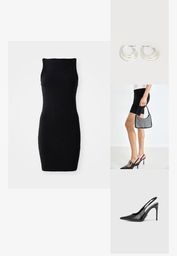 Schwarzes ärmelloses Bodycon-Kleid mit Rundhalsausschnitt, aus glattem Stoff, mit taillierter Silhouette und knielangem Design.; Schwarzer Slingback-Pumps aus Lackleder mit spitzer Kappe, ausgeschnittenen Seiten und schlankem Absatz. Glänzendes Finish mit minimalen Metallakzenten.; Schwarze Perlen-Handtasche mit geschwungener Silhouette, Tragegriff und glänzender Textur. Kombiniert mit schwarzen High Heels und enganliegenden schwarzen Shorts.; Silberne Creolen mit drei geschichteten halbkreisförmigen Bändern, eines davon verziert mit kleinen klaren Kristallen auf hellem Hintergrund.