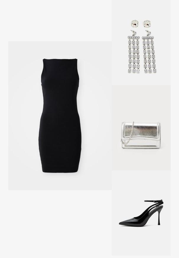Μαύρο αμάνικο φόρεμα bodycon με στρογγυλή λαιμόκοψη, φτιαγμένο από απαλό ύφασμα, με στενή σιλουέτα και μήκος μέχρι το γόνατο.; Μαύρο παπούτσι από λουστρίνι με ψηλό τακούνι, μυτερή μύτη και διπλούς ιμάντες στον αστράγαλο με ασημένιες αγκράφες.; Ασημένια μεταλλική τσάντα clutch με απλή υφή, κλείσιμο με καπάκι και αλυσίδα. Διαθέτει δομημένο ορθογώνιο σχέδιο και ραφές.; Κρυστάλλινα σκουλαρίκια με ασημένια λεπτομέρεια, που διαθέτουν τετράγωνη σφαίρα και πτώσεις με διαδοχικές σειρές ορθογώνιων και οκταγωνικών κρυστάλλων.