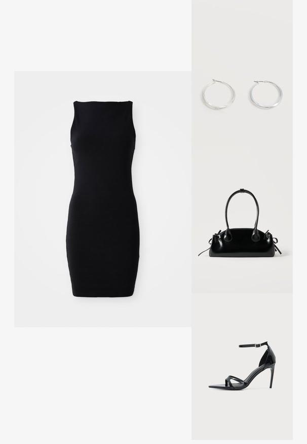 Čierne bezrukávové bodycon šaty s okrúhlym výstrihom, vyrobené z hladkej tkaniny, s priliehavým strihom a dĺžkou po kolená.; Čierne lakované kožené sandále na vysokom podpätku s tenkým remienkom okolo členku, otvorenou špičkou a minimalistickým dizajnom na jednoliatom svetlom pozadí.; Malá čierna lesklá kabelka s dvoma dlhými rúčkami a bočnými šnúrkovými detailmi na jednoduchom svetlom pozadí.; Strieborné kovové kruhové náušnice s hladkým, mierne zakriveným povrchom a zapínaním na poistku na jednoduchom bielom pozadí.