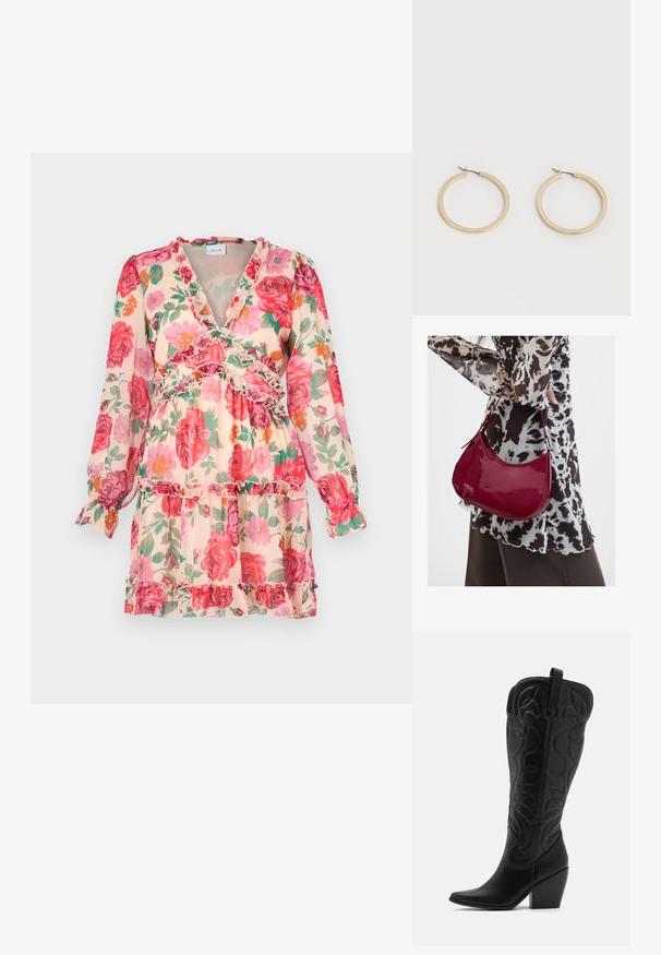 Robe florale dans des tons pastel avec des motifs roses et verts. Comprend des accents froncés, des manches longues et un décolleté en V profond pour plus de détails.; Bottes hautes en cuir noir jusqu'aux genoux avec bout pointu et talon empilé. Caractéristiques de coutures décoratives et éléments de design courbés.; Femme portant un chemisier à motif noir et blanc tenant un sac à main rouge brillant sur un fond uni.; Paire de boucles d'oreilles créoles moyennes lisses ton or avec fermoirs à charnière sur fond clair uni.