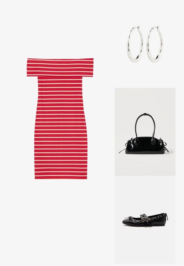 Robe moulante à rayures rouges et blanches, décolletée sur les épaules, avec une forme ajustée et une texture côtelée. Présente des rayures horizontales sur l'ensemble.; Chaussure de ballet plate noire avec doubles brides à boucle, œillets argentés et petit nœud près de l’orteil arrondi sur fond blanc.; Petit sac à main noir brillant avec deux longues anses et des détails à cordon sur les côtés sur un fond clair uni.; Boucles d'oreilles créoles en argent avec une finition lisse et brillante. Forme circulaire, dotée d'un fermoir sécurisé. Design simple et élégant.