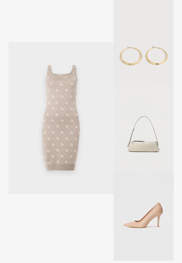 Robe beige en maille avec encolure carrée et bretelles. Présente un motif en losange avec un détail discret du logo, une coupe ajustée et un ourlet côtelé.; Escarpin à talon haut en cuir beige avec un bout pointu, une texture lisse et un talon aiguille fin. Design minimaliste avec un style à enfiler.; Petit sac à épaule en cuir beige avec une fine bandoulière et une fermeture éclair, orné d'un logo métallique discret au centre avant.; Paire de boucles d’oreilles créoles en or poli avec des tiges fines et des fermoirs à charnière, présentées sur un fond gris clair uni.
