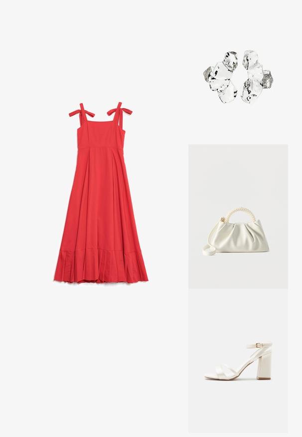 Rotes ärmelloses Kleid mit verstellbaren Bindeträgern, plissiertem unteren Saum und enganliegendem Oberteil. Glattes Material in einer einfarbigen, leuchtenden Farbe.; Weiße Sandale mit hohem Blockabsatz, zwei Riemen vorne und einem Knöchelriemen mit goldener Schnalle vor einfachem Hintergrund.; Kleine weiße Handtasche mit gerafftem Körper, rundem Griff, verziert mit Perlen, und abnehmbarem Schulterriemen auf einfarbigem Hintergrund.; Cluster von sechs unregelmäßig geformten, transluzenten und reflektierenden glasähnlichen Stücken, angeordnet auf weißem Hintergrund.