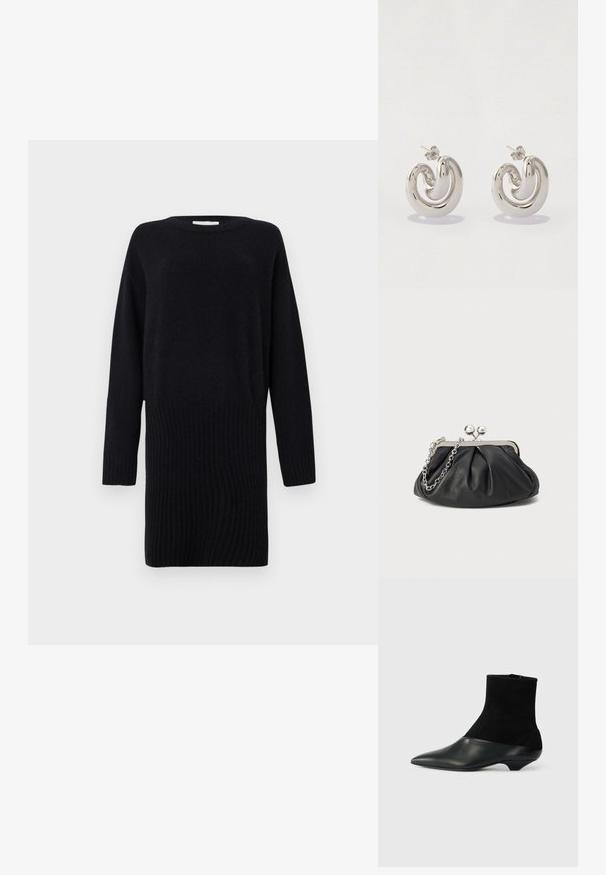 CLOSED CREW NECK MINI DRESS - Neulemekko - black; Musta nilkkuri, jossa on teksturoitu mokkanahka yläosa ja sileä nahkakärki. Ominaisuuksiin kuuluu terävä kärki ja ainutlaatuinen matala viistokärki.; Mustan nahkainen clutch, jossa on rypistetty rakenne, hopeanvärinen metallikehys, suukko-lukko ja ketjuhihna. Sileä, pehmeä pinta.; Hopeakylkiset korvakorut, joissa on kiehkura design, sileät pinnat ja kiiltävä viimeistely, suljettuna perhosklipsillä.