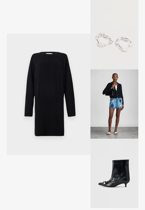 CLOSED CREW NECK MINI DRESS - Vestido de punto - black; Bota de cuero negro para el tobillo con punta puntiaguda, tacón bajo tipo aguja y hebilla decorativa plateada en el lateral cerca de la punta.; Cárdigan negro de punto, blusa blanca, falda de mezclilla con patrón de diamantes en azul y negro, bolso negro y sandalias deslizantes beige.; Pendientes de aro de forma irregular en tono plateado con cierre de poste sobre una superficie blanca lisa.