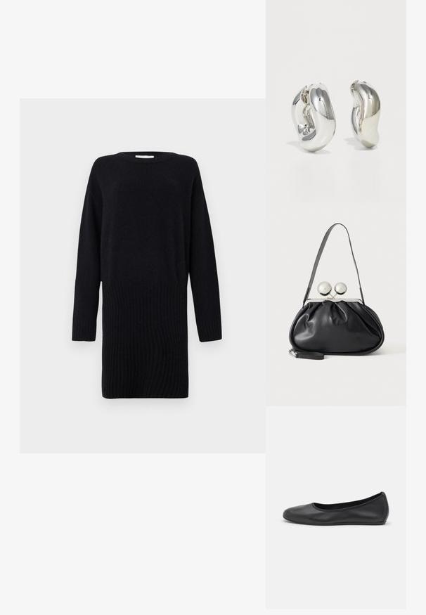 CLOSED CREW NECK MINI DRESS - Svetríkové šaty - black; Čierne kožené baleríny s okrúhlou špičkou, hladkým povrchom, minimálnym prešívaním a flexibilným dizajnom podrážky.; Čierna kožená kabelka so zhlukovým dizajnom, jedným popruhom, strieborným kovovým rámom a dvoma veľkými okrúhlymi striebornými zapínaniami.; Strieborné sochárske náušnice s hladkými, zakrivenými tvarmi a reflexnými povrchmi. Obsahujú uzavretý kruhový dizajn a výraznú organickú formu.