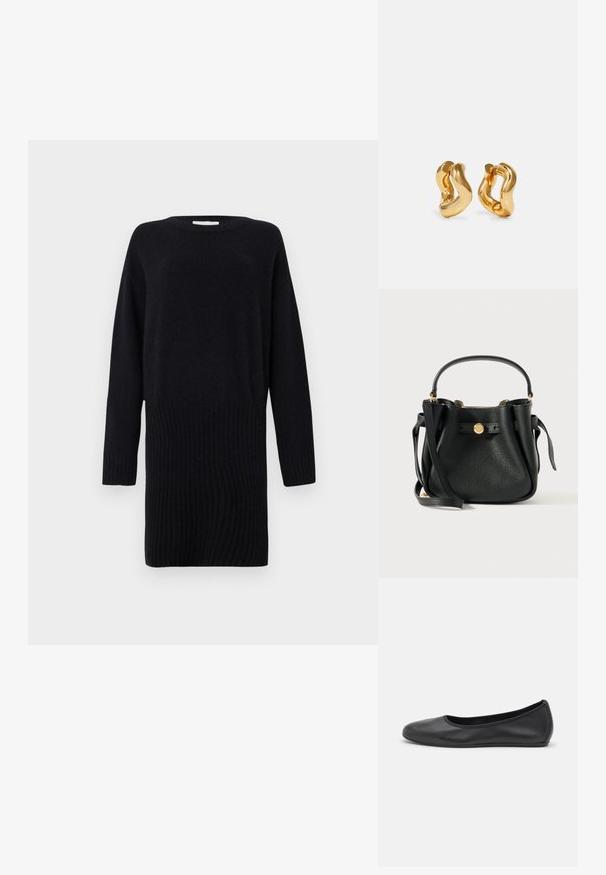 CLOSED CREW NECK MINI DRESS - Strikkjoler - black; Sort læderballetsko med rund tå, glat tekstur, minimal syning og et fleksibelt såldesign.; Sort tekstureret læderhåndtaske med et kort håndtag, lang skulderrem og guldtonet rund logo-lås på fronten.; Guldtonede hoops øreringe med et bølget design, der har en glat, blank overflade og en strømlinet form. Ingen synlige spænder.