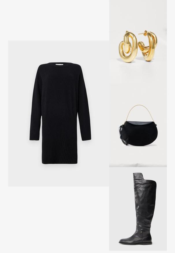 CLOSED CREW NECK MINI DRESS - Svetríkové šaty - black; Čierna kožená kanada po kolená s plochou podrážkou a mierne širším vrchom s asymetrickým strihom na vonkajšej strane.; Čierna kabelka v tvare polmesiaca s hladkou koženou klopou, zlatým retiazkovo držadlom a nastaviteľným čiernym koženým popruhom na bielom pozadí.; Charlotte Chesnais BO INITIAL BLOW - Náušnice - gold-coloured