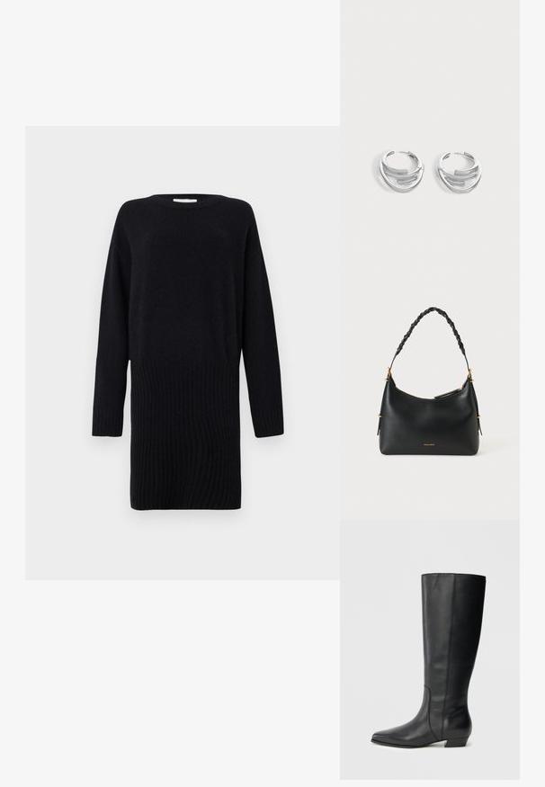 CLOSED CREW NECK MINI DRESS - Svetríkové šaty - black; Čierne kožené čižmy po kolená so špicatou špičkou a nízkym hrubým podpätkom, s hladkou textúrou a čistým, uhladeným dizajnom.; Čierna kožená kabelka s pletenou rukoväťou, zlatým kovaním a názvom značky "Vanessa Bruno" v zlate pri spodnej časti, zobrazená na bielom pozadí.; Pár vyleštených strieborných kruhových náušníc s vrstveným, zakriveným tyčovým dizajnom na jednoduchom svetlom pozadí.