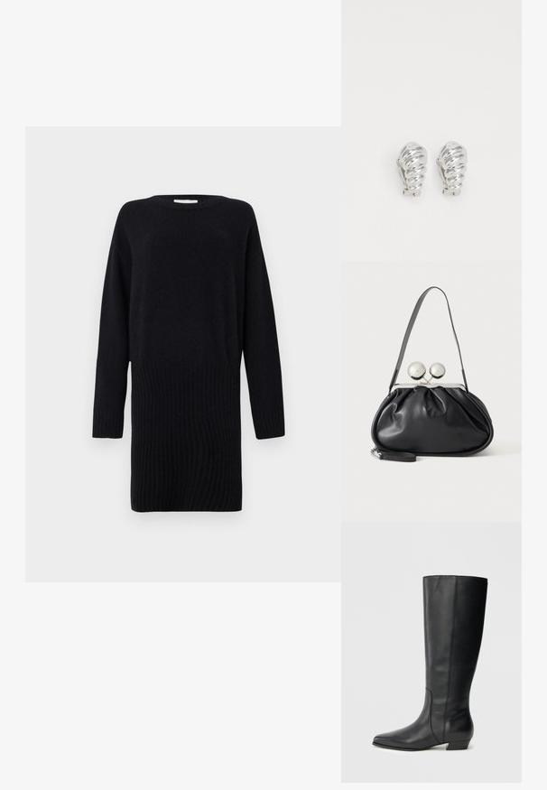 CLOSED CREW NECK MINI DRESS - Robe pull - black; Bottes en cuir noires montant jusqu'aux genoux, avec bout pointu et talon bas carré, présentant une texture lisse et un design épuré et élégant.; Sac à main en cuir noir avec un design plissé, une sangle unique, un cadre métallique argenté et deux grandes fermoirs ronds en argent.; Boucles d'oreilles en clip argentées avec un design en spirale, présentant une texture métallique lisse et des formes arrondies. Pas d'embellissements ou de motifs visibles.