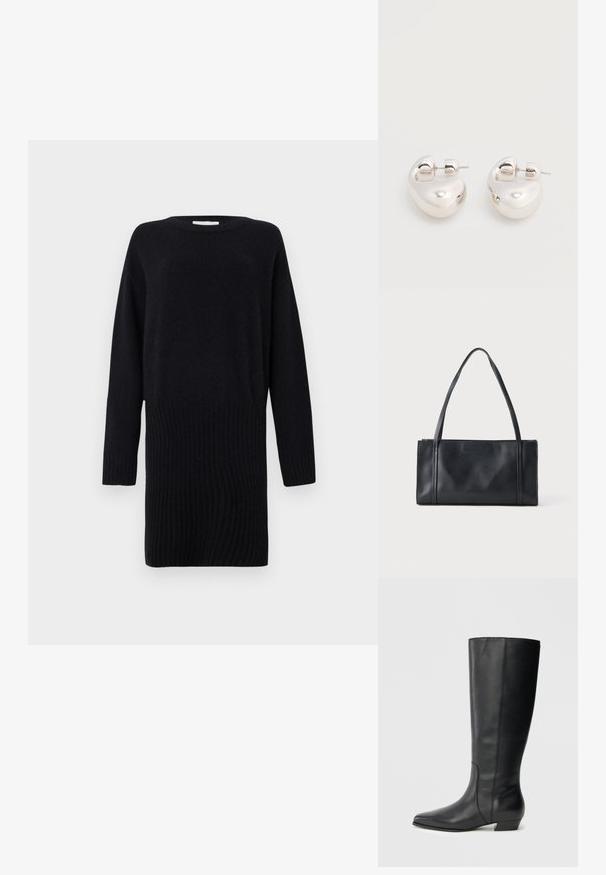 CLOSED CREW NECK MINI DRESS - Neulemekko - black; Mustat polven yläpuolelle ulottuvat nahkasaappaat, joissa on terävä kärki ja matala paksukorko, sileä pinta ja siisti, virtaviivainen muotoilu.; Musta suorakaiteen muotoinen nahkainen käsilaukku, jossa on kaksi ohutta olkahihnaa, yksiväristä vaaleaa taustaa vasten.; Pari kiiltäviä hopeisia paksuja rengaskorvakoruja, joissa on tikkulukot, valkoisella taustalla.