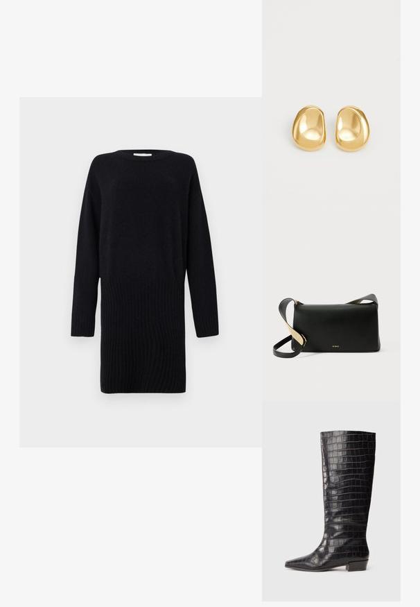CLOSED CREW NECK MINI DRESS - Strickkleid - black; Schwarze Lederstiefel bis zum Knie mit Krokodilstruktur, spitzem Zehenbereich und niedrigem Blockabsatz. Mit dezentem Branding in der Nähe des Knöchels.; Schwarze Leder Schultertasche mit rechteckiger Form, flachem Design, verstellbarem Tragegurt und goldfarbenem Logo-Detail auf der Vorderseite.; Goldfarbene Ohrstecker mit einer glatten, runden Form und einer reflektierenden Oberfläche, die ein minimalistisches Design ohne sichtbare Muster zeigen.