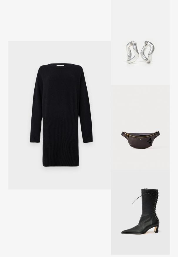 CLOSED CREW NECK MINI DRESS - Svetríkové šaty - black; Čierna kožená členková čižma so špicatou špičkou, úzkym podpätkom, šnurovacím detailom na zadnej strane a kovovými očkami. Hladká textúra s elegantným dizajnom.; Čierna, lesklá kožená ľadvinka s zakriveným dizajnom, zlatým zipsom, nastaviteľným pásom a malými dekoratívnymi kovovými prvkami.; Strieborné kruhové náušnice so skrúteným dizajnom. Zaoblené okraje a lesklý povrch. Otvorené zapínanie pre jednoduché nosenie. Hladká textúra po celej ploche.