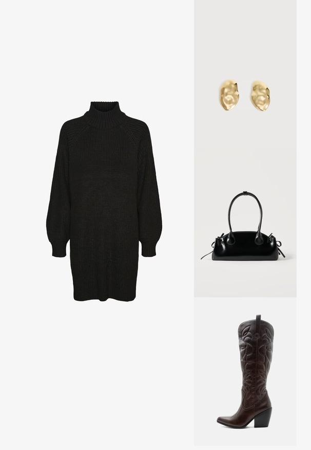 Schwarzes Strickkleid mit hochgeripptem Kragen, Raglanärmeln und strukturiertem Stoff. Lockere Passform mit umgeschlagenen Ärmeln und geradem Saum.; Hoher dunkelbrauner Leder-Cowboystiefel mit gestickten dekorativen Mustern, spitzer Spitze und gestapeltem Blockabsatz.; Kleine schwarze glänzende Handtasche mit zwei langen Griffen und seitlichen Kordelzug-Details vor einfachem hellem Hintergrund.; Paar glänzende, unregelmäßig geformte Ohrstecker aus Goldmetall mit zerknitterter, glatter Oberfläche auf schlichtem hellem Hintergrund.