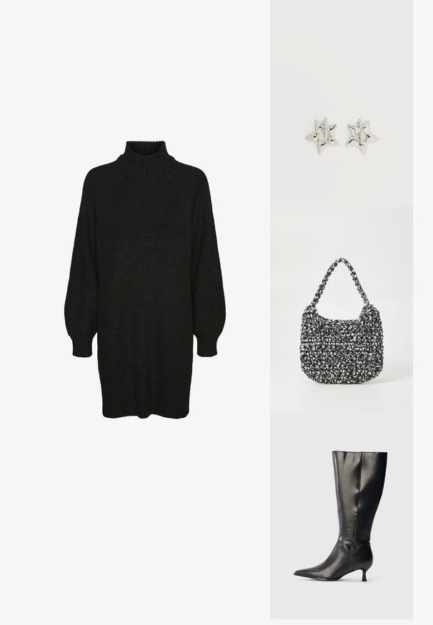 Schwarzes Strickkleid mit hochgeripptem Kragen, Raglanärmeln und strukturiertem Stoff. Lockere Passform mit umgeschlagenen Ärmeln und geradem Saum.; Schwarzer kniehoher Lederstiefel mit spitzer Zehenpartie und niedrigem Kittenabsatz, präsentiert vor einem schlichten hellen Hintergrund.; Gewebte Handtasche in Schwarz und Weiß mit runder Form, strukturiertem Oberflächenfinish und geflochtener Grifffläche. Geeignet für den lässigen Gebrauch.; Silberne, sternförmige Creolen mit einer glatten, polierten Oberfläche auf weißem, schlichtem Hintergrund.
