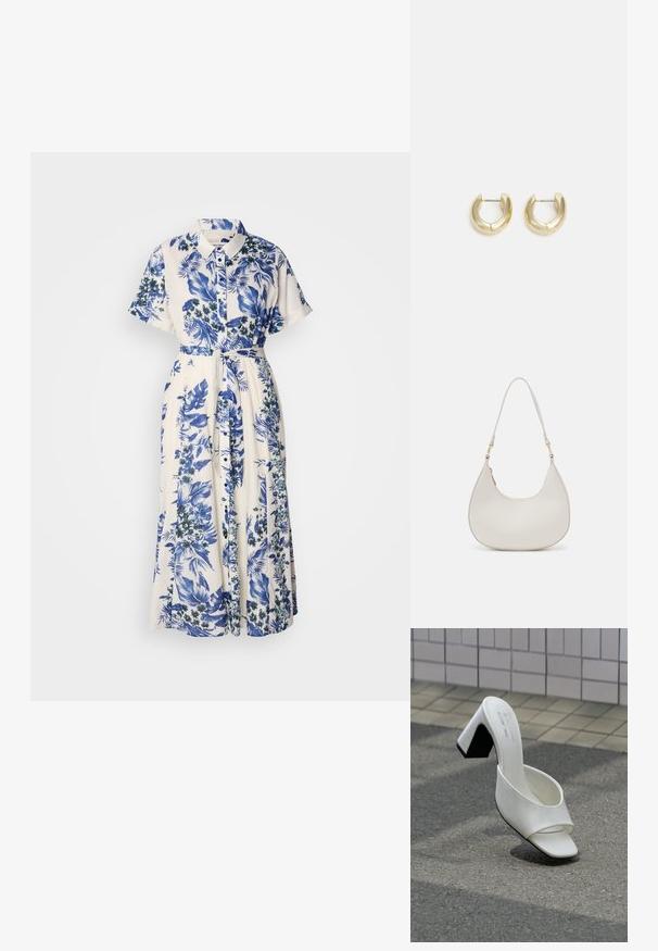 Vestido con estampado floral en azul y blanco. Presenta un cuello con solapa, mangas cortas, una cintura ceñida con cinturón y una falda larga.; Un mule blanco de punta abierta con tacón cuadrado, sobre asfalto gris frente a una pared con azulejos.; Bolso de hombro de cuero crema con forma de media luna, correa delgada y sutil detalle de costuras. Diseño minimalista con acentos de hardware en tono dorado.; Pendientes de aro en tono dorado con un acabado suave y pulido. Presentan una forma de medio círculo y un cierre de poste seguro.