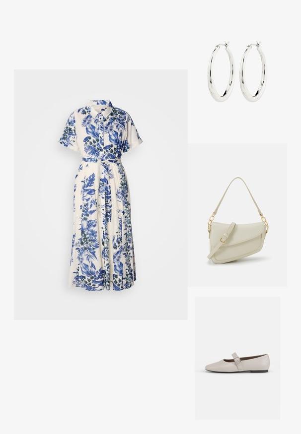 Vestido con estampado floral en azul y blanco. Presenta un cuello con solapa, mangas cortas, una cintura ceñida con cinturón y una falda larga.; Bailarina de cuero beige tipo Mary Jane con punta afilada, correa en el tobillo y detalle de hebilla plateada, que cuenta con un bajo tacón negro.; Pequeño bolso de mano crema con un acabado texturizado, una correa larga y ajustable, un acento de cadena y cierre de solapa. Detalles en hardware dorado.; Pendientes de aro de plata con un acabado suave y brillante. Forma circular, con un cierre seguro. Diseño sencillo y elegante.