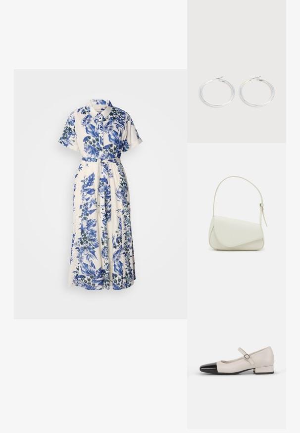 Vestido con estampado floral en azul y blanco. Presenta un cuello con solapa, mangas cortas, una cintura ceñida con cinturón y una falda larga.; Zapato estilo Mary Jane en cuero crema con puntera de charol negro. Presenta una punta redonda, tirante en el tobillo con una hebilla cuadrada y un tacón bajo y cuadrado.; Bolso de mano de imitación cuero blanco con una forma triangular estructurada, correa ajustable única y cierre con solapa acentuada en curva.; Pareja de pendientes de aro plateados brillantes con cierres de alambre delgado, mostrados sobre un fondo gris claro.