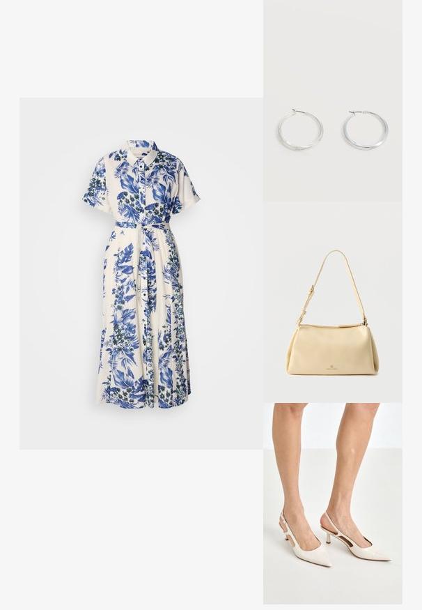 Vestido con estampado floral en azul y blanco. Presenta un cuello con solapa, mangas cortas, una cintura ceñida con cinturón y una falda larga.; Tacones slingback de charol beige con punta afilada y un tacón de 5 cm, con lados recortados y una delgada correa en el tobillo.; Bolso de hombro beige rectangular con correa ajustable y cierre de cremallera, con un pequeño logo "Anna Field" en el centro frontal.; Pendientes de aro de metal plateado con superficie lisa y ligeramente curvada y cierre de tipo mosquetón sobre un fondo blanco liso.