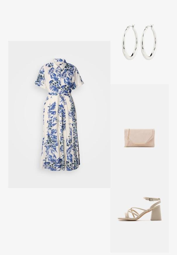 Vestido con estampado floral en azul y blanco. Presenta un cuello con solapa, mangas cortas, una cintura ceñida con cinturón y una falda larga.; Sandalias de tacón en color beige con correas entrelazadas, hebilla en el tobillo y tacón de bloque cuadrado para mayor estabilidad. Textura suave similar al cuero.; Clutch de ante beige con una cadena dorada y un acento de hardware rectangular. Presenta una solapa que se pliega con bordes en ángulo y detalle de costura.; Pendientes de aro de plata con un acabado suave y brillante. Forma circular, con un cierre seguro. Diseño sencillo y elegante.