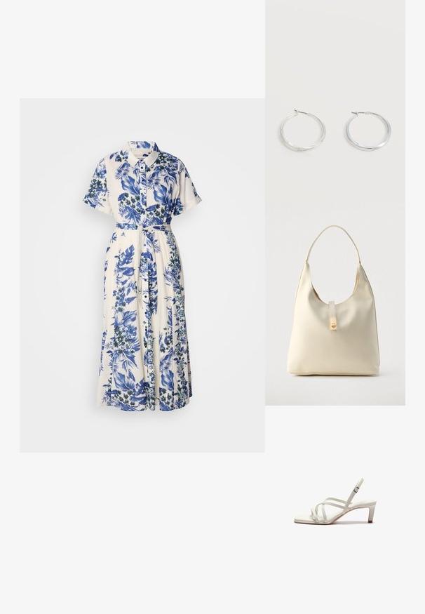 Vestido con estampado floral en azul y blanco. Presenta un cuello con solapa, mangas cortas, una cintura ceñida con cinturón y una falda larga.; Zign by Zalando Tacones - off white; Bolso hobo de cuero color crema con una sola correa para el hombro, textura suave y detalle de cierre metálico dorado en el frente.; Pendientes de aro de metal plateado con superficie lisa y ligeramente curvada y cierre de tipo mosquetón sobre un fondo blanco liso.