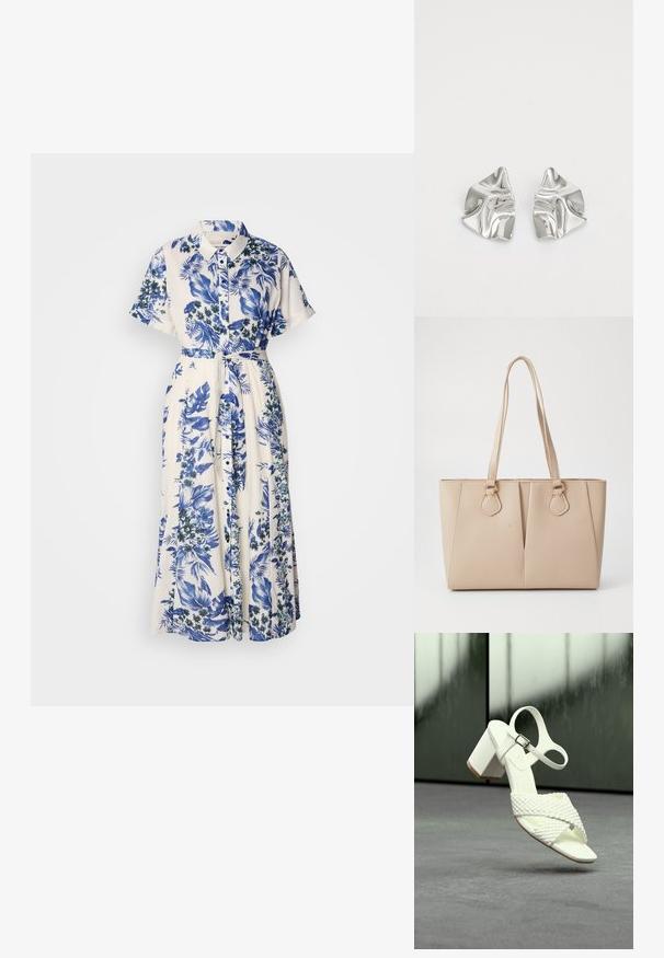 Vestido con estampado floral en azul y blanco. Presenta un cuello con solapa, mangas cortas, una cintura ceñida con cinturón y una falda larga.; Sandalia blanca de tacón con tiras tejidas y hebilla en el tobillo, situada sobre un suelo gris frente a un fondo reflectante desenfocado.; Bolso tote beige hecho de cuero sintético texturizado, con asas dobles y adornos en dorado. El diseño incluye un detalle frontal dividido.; Pendientes de metal plateado con un diseño ondulado y escultórico, que presentan un acabado pulido y formas irregulares, destacando una estética contemporánea.