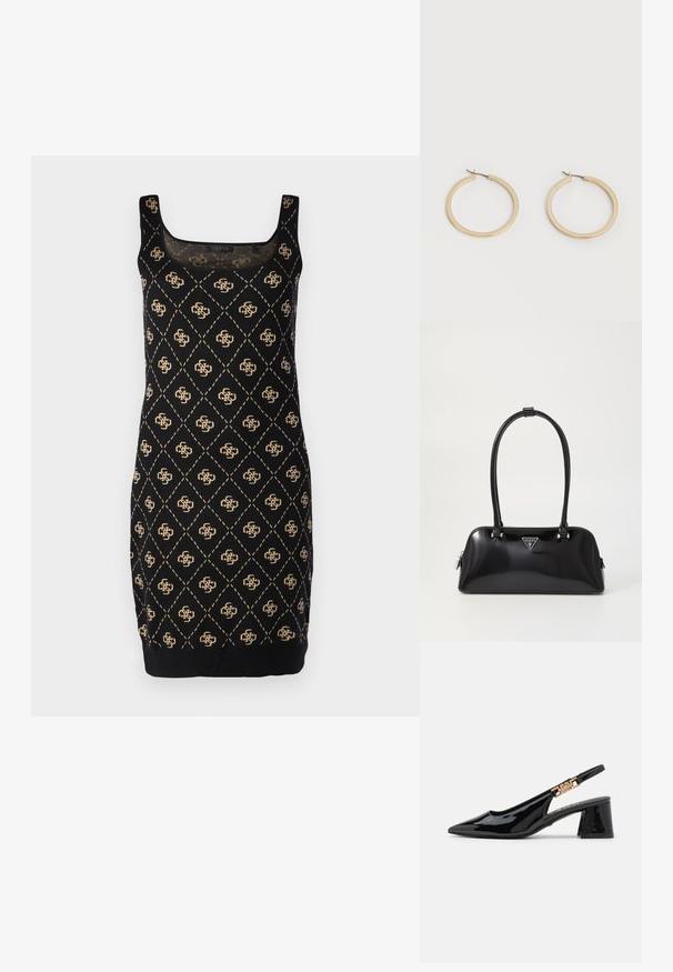 Sort ærmeløs kjole med diamanter og guld accenter. Den har en firkantet halsudskæring og en tætsiddende silhuet, lavet af blødt stof.; Sorte patentlæder slingback pumps med spidse tæer og guldfarvet hardware på remmen, med en blokhælhøjder. Glat tekstur.; Sort glanshandtaske med en buet silhuet, to håndtag og en frontlogo-plakette. Lynlås lukning og skinnende hardware-detaljer.; Par af glatte guldfarvede mellemstore øreringe med hængsellukning på en ensartet lys baggrund.