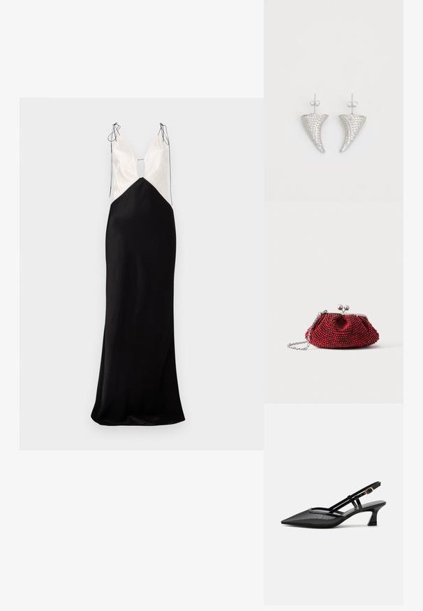 Ärmelloses langes Kleid mit einem schwarzen Satinrock und einem cremefarbenen Oberteil, mit einem V-Ausschnitt und dekorativen Bindedetails an den Schultern.; Schwarzer spitzer Slingback-Schuh mit Mesh-Obermaterial, dünnen Riemen, goldener Schnalle und niedrigem, geschwungenem Absatz auf weißem Hintergrund.; Kleine rote Perlen-Clutch mit silbernem Verschluss und Kettenriemen auf weißem Hintergrund.; Silberne, hornförmige Ohrringe, besetzt mit kleinen klaren Steinen, mit einem Steckverschluss zur Befestigung. Glatte Textur und metallisches Finish.