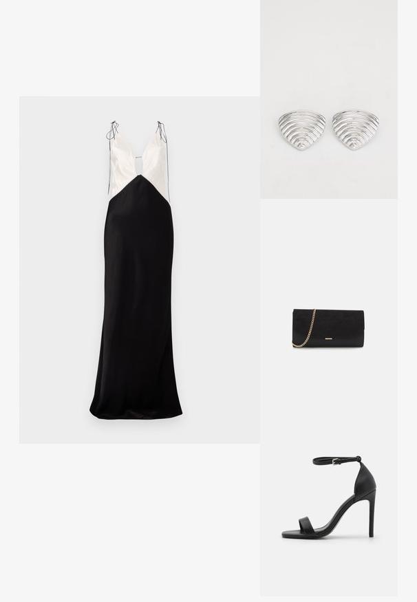 Robe longue sans manches avec une jupe en satin noir et un haut crème, dotée d'un décolleté en V et de détails décoratifs avec des nœuds aux épaules.; Sandale noire à talons hauts au design épuré, avec une bride au niveau de la cheville, un bout ouvert et une texture en cuir lisse.; Porte-monnaie noir en daim avec une finition texturée, doté d'une chaîne dorée et d'un design épuré et angulaire.; Boucles d'oreilles en argent avec un design ondulé et texturé, en forme de croissants superposés ; la finition polie accentue les qualités réfléchissantes.