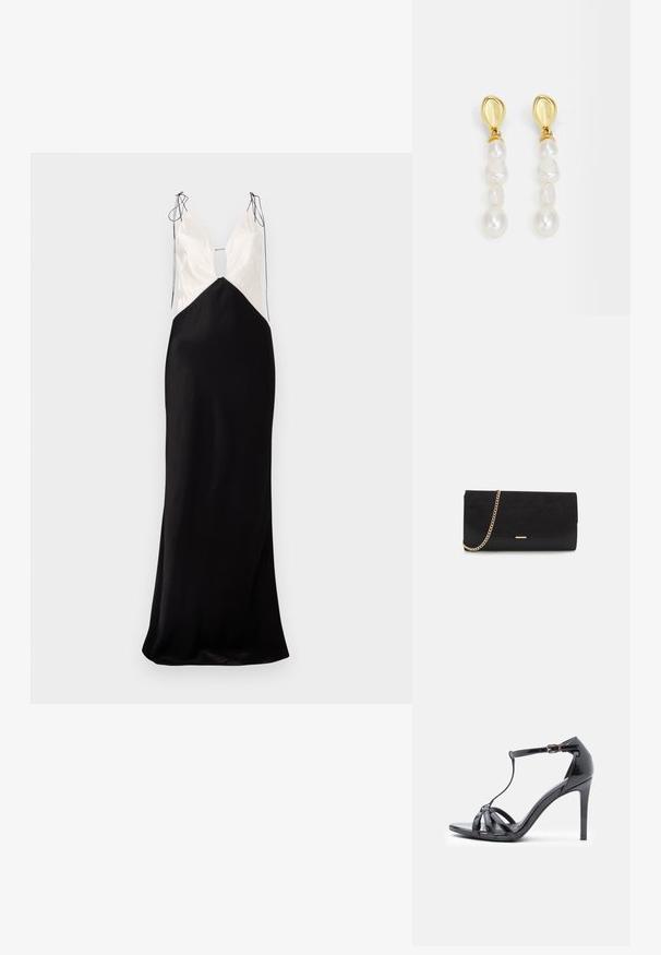 Ärmelloses langes Kleid mit einem schwarzen Satinrock und einem cremefarbenen Oberteil, mit einem V-Ausschnitt und dekorativen Bindedetails an den Schultern.; Schwarze Lackleder-Sandaletten mit hohen Absätzen, dünnen Riemen, T-Bar-Design, Schnallenverschluss und einer eleganten, kurvigen Silhouette.; Schwarze Clutch aus Wildleder mit strukturierter Oberfläche, ausgestattet mit einem goldenen Kettenriemen und einem eleganten, kantigen Design.; Goldfarbene Ohrringe mit einem Cluster aus unregelmäßigen weißen Perlen, einem glatten, runden Stecker oben und unterschiedlich großen Perlen.
