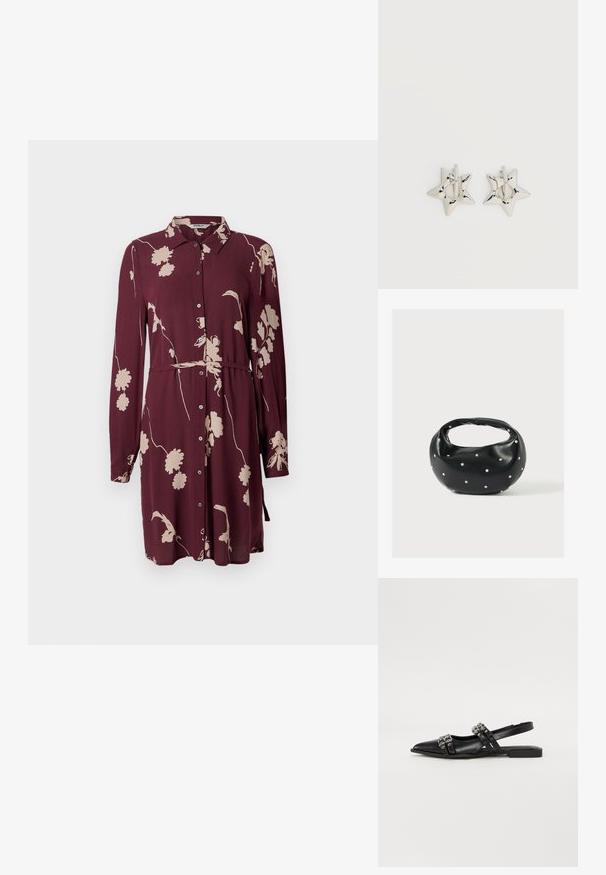Bordeauxfarbenes Hemdkleid mit langen Ärmeln, Knopfleiste, floralem Muster in Creme, verstellbarem Taillengurt und weichem, strukturiertem Stoff.; Even&Odd Sling-Ballerina - black; Schwarze Lederhandtasche mit abgerundeter Form, verziert mit silbernen Nietenakzenten und kurzem Griff. Glatte Struktur und Reißverschlussverschluss.; Silberne, sternförmige Creolen mit einer glatten, polierten Oberfläche auf weißem, schlichtem Hintergrund.