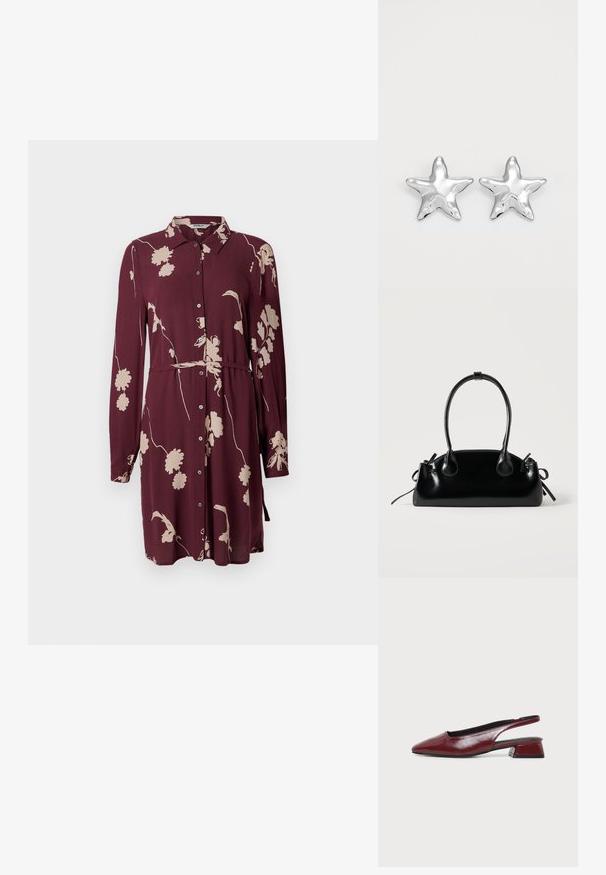 Maronfarvet skjortekjole med lange ærmer, knapfront, blomsterdesign i cremefarve, justerbar taljebånd og blød, tekstureret stof.; Vinrød lædersko med rembag, spids tå og lav blokhæl, vist i sideprofil på ensartet lyst baggrund.; Lille sort blank håndtaske med to lange håndtag og snøre-detaljer i siden på en ensfarvet lys baggrund.; Sølvstjernede øreringe med en poleret, blank overflade. Hver ørering har fem spidser og subtile teksturdetaljer på overfladen.