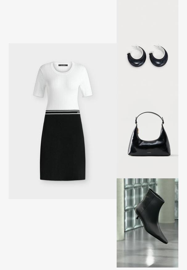 Haut en maille blanc à manches courtes avec texture côtelée, associé à une jupe noire unie longueur genou, séparé par une ceinture rayée noire et blanche.; Bottine en cuir noir à bout pointu et petit talon kitten, présentée en angle devant un sol poli et un mur en blocs de verre.; Sac à main Calvin Klein noir brillant avec fermeture éclair dorée et anse courte sur fond blanc uni.; Boucles d'oreilles en résine noire avec une finition brillante et des accents en métal argenté. Forme circulaire avec une découpe et une fermeture à tige.