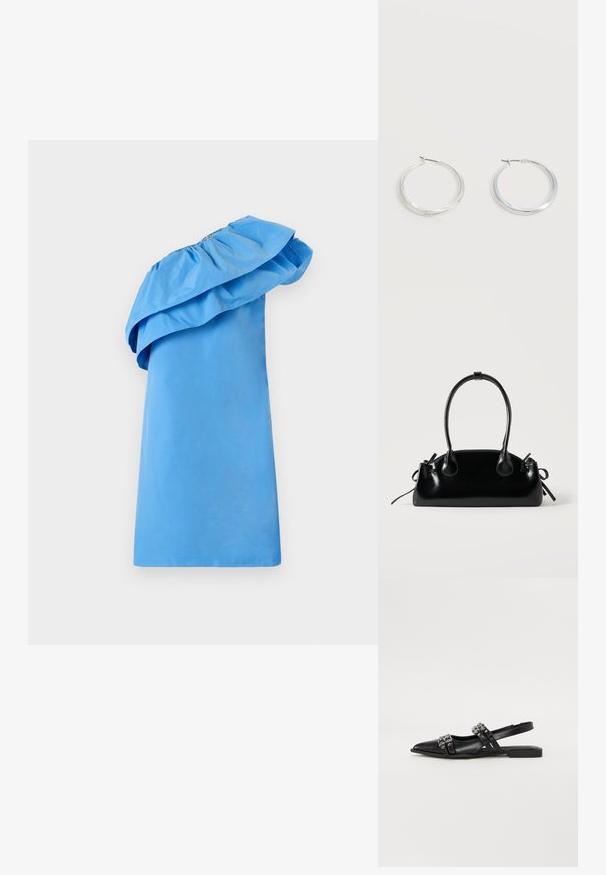 Robe bleue à une épaule avec un détail volé au col, fabriquée en tissu lisse avec une silhouette élégante. Présente une couleur unie et un design minimaliste.; Even&Odd by Zalando Ballerines à brides arrière - black; Petit sac à main noir brillant avec deux longues anses et des détails à cordon sur les côtés sur un fond clair uni.; Boucles d’oreilles créoles en métal argenté avec une surface lisse légèrement incurvée et des fermoirs à clapet sur un fond blanc uni.