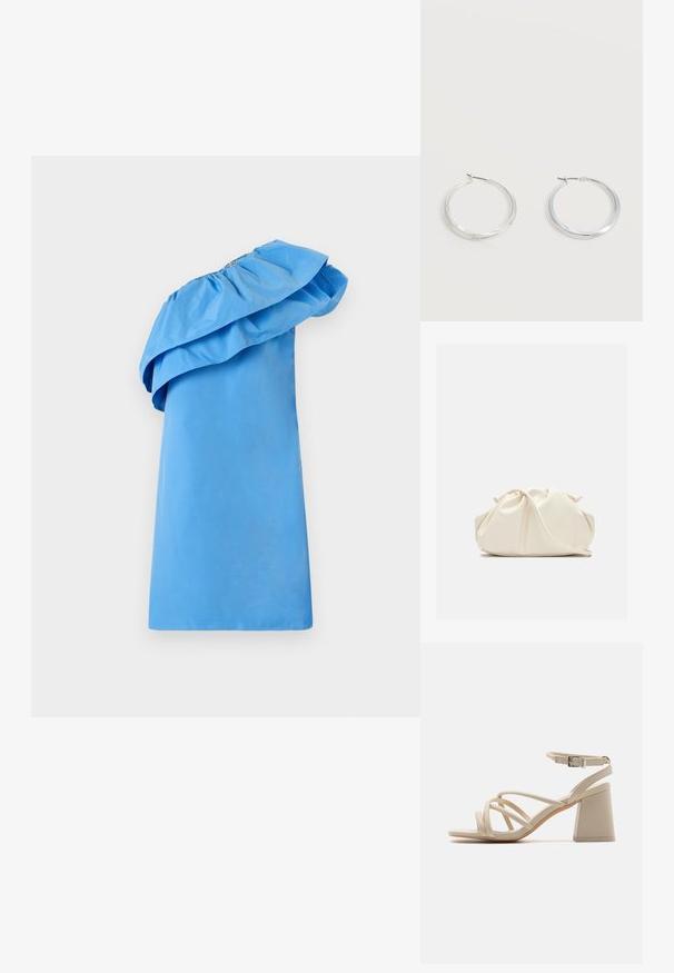 Robe bleue à une épaule avec un détail volé au col, fabriquée en tissu lisse avec une silhouette élégante. Présente une couleur unie et un design minimaliste.; Sandales à talons beiges avec des brides entrecroisées, une boucle à la cheville et un talon carré pour plus de stabilité. Texture lisse semblable au cuir.; Pochette en cuir souple couleur crème avec un design froncé et une fine bandoulière reposant à l’avant sur un fond uni.; Boucles d’oreilles créoles en métal argenté avec une surface lisse légèrement incurvée et des fermoirs à clapet sur un fond blanc uni.