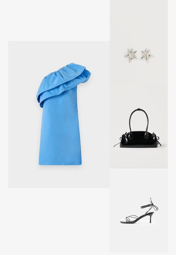 Robe bleue à une épaule avec un détail volé au col, fabriquée en tissu lisse avec une silhouette élégante. Présente une couleur unie et un design minimaliste.; Sandale noire à talons hauts avec lanières fines à la cheville et talon stiletto de hauteur moyenne sur fond blanc.; Petit sac à main noir brillant avec deux longues anses et des détails à cordon sur les côtés sur un fond clair uni.; Boucles d’oreilles créoles en forme d’étoile argentée avec une finition lisse et polie sur un fond blanc uni.