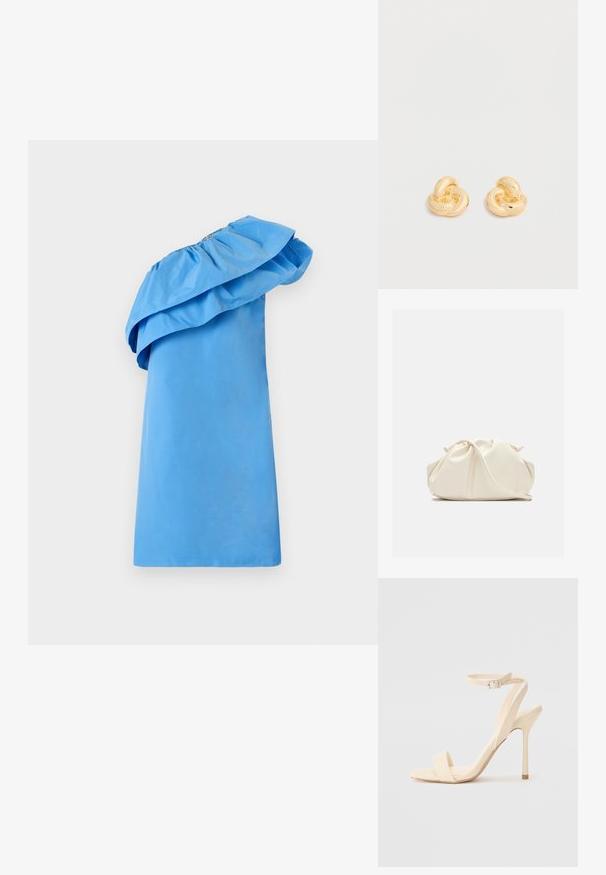 Robe bleue à une épaule avec un détail volé au col, fabriquée en tissu lisse avec une silhouette élégante. Présente une couleur unie et un design minimaliste.; Sandale à talon haut beige avec une sangle fine autour de la cheville et un bout carré. Matériau synthétique lisse, design minimaliste et talon aiguille.; Pochette en cuir souple couleur crème avec un design froncé et une fine bandoulière reposant à l’avant sur un fond uni.; Paire de clous d'oreilles en forme de nœud, couleur or brillant, sur un fond blanc uni.