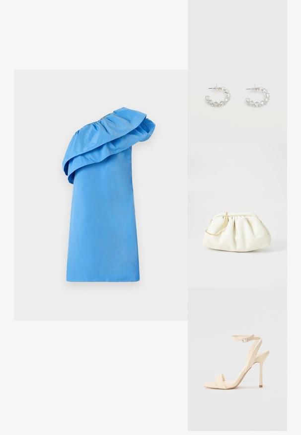 Robe bleue à une épaule avec un détail volé au col, fabriquée en tissu lisse avec une silhouette élégante. Présente une couleur unie et un design minimaliste.; Sandale à talon haut beige avec une sangle fine autour de la cheville et un bout carré. Matériau synthétique lisse, design minimaliste et talon aiguille.; Sac à main en cuir blanc avec un design plissé, doté d'une bandoulière en chaîne dorée et d'une forme arrondie. Texture lisse avec des plis doux et sans motifs.; Boucles d'oreilles anneaux en argent incrustées de cristaux facettés clairs, avec attaches à tige et embouts transparents sur fond blanc.