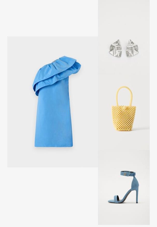 Robe bleue à une épaule avec un détail volé au col, fabriquée en tissu lisse avec une silhouette élégante. Présente une couleur unie et un design minimaliste.; Sandale à talon haut en denim bleu avec une bande de cheville et une fermeture à bouton. Caractéristiques d'un bout carré et d'une semelle noire pour le contraste.; Petit sac à main style bocal fait de perles crème brillantes avec une anse en perles bouclée et une fermeture décorative avec un nœud de perles.; Boucles d'oreilles en métal argenté avec un design ondulé et sculptural, présentant une finition polie et des formes irrégulières, mettant en valeur une esthétique contemporaine.