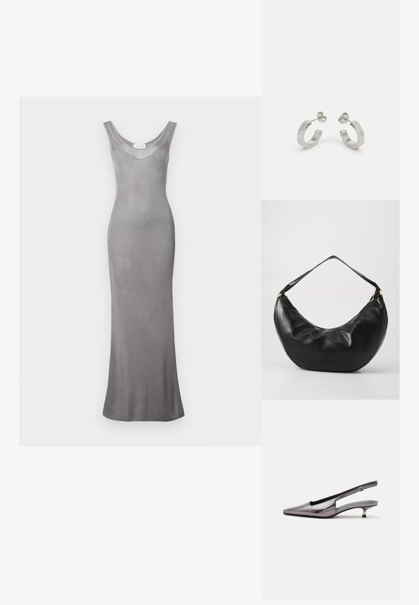 Calvin Klein Jeans Robe longue - titanium; Chaussure slingback gris métallique à bout pointu, petit talon kitten et bride réglable sur fond blanc.; Sac à épaule en cuir noir, de forme courbée, avec une texture douce et une seule sangle; il comporte une fermeture éclair dorée et un logo discret.; Boucles d'oreilles en métal argenté avec un design texturé, dotées d'un petit fermoir et d'une marque sur une des hoops. Forme arrondie avec une finition polie.